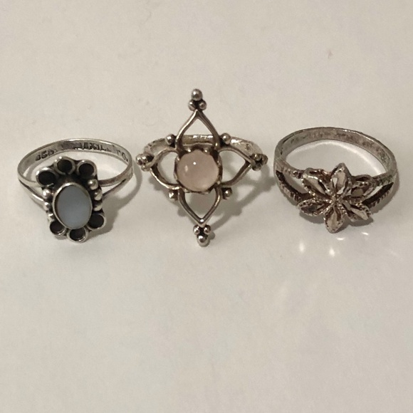Three Floral Sterling Silver Rings Bundle & Earring Cuffs - Picture 1 of 16